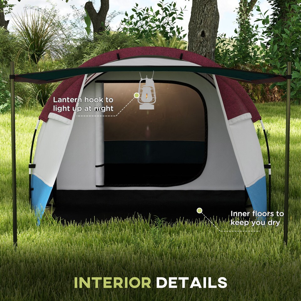image 1 of Outsunny 2-3 Man Camping Tunnel Tent with Bedroom and Living Room | Red | Red