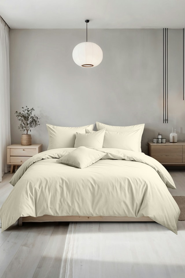 image 1 of Plain Dyed Easy Care Polycotton Duvet Cover And Pillowcase/s Set Bed Linen Cream | Cream | Super King