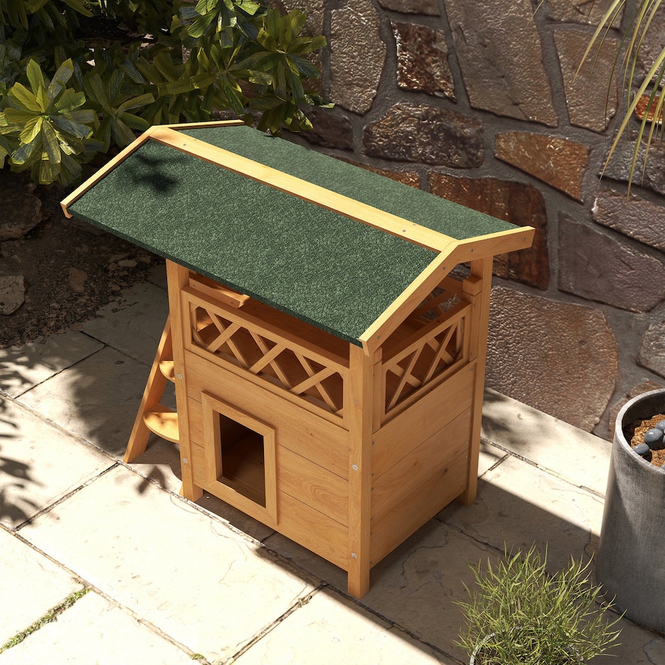 image 1 of PawHut Outdoor Cat House Kitten Shelter Puppy Kennel with Balcony Stairs Asphalt Roof, 77 x 50 x 73 cm