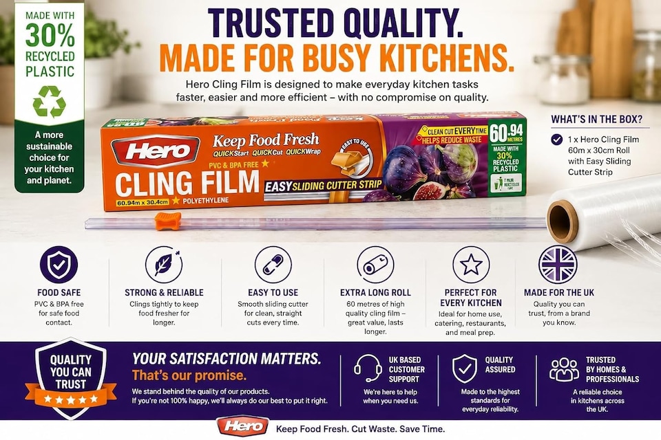image 1 of Hero Cling Film 60m x 30cm with Easy Sliding Cutter – Kitchen & Catering Cling Film Dispenser | PVC & BPA Free Food Wrap