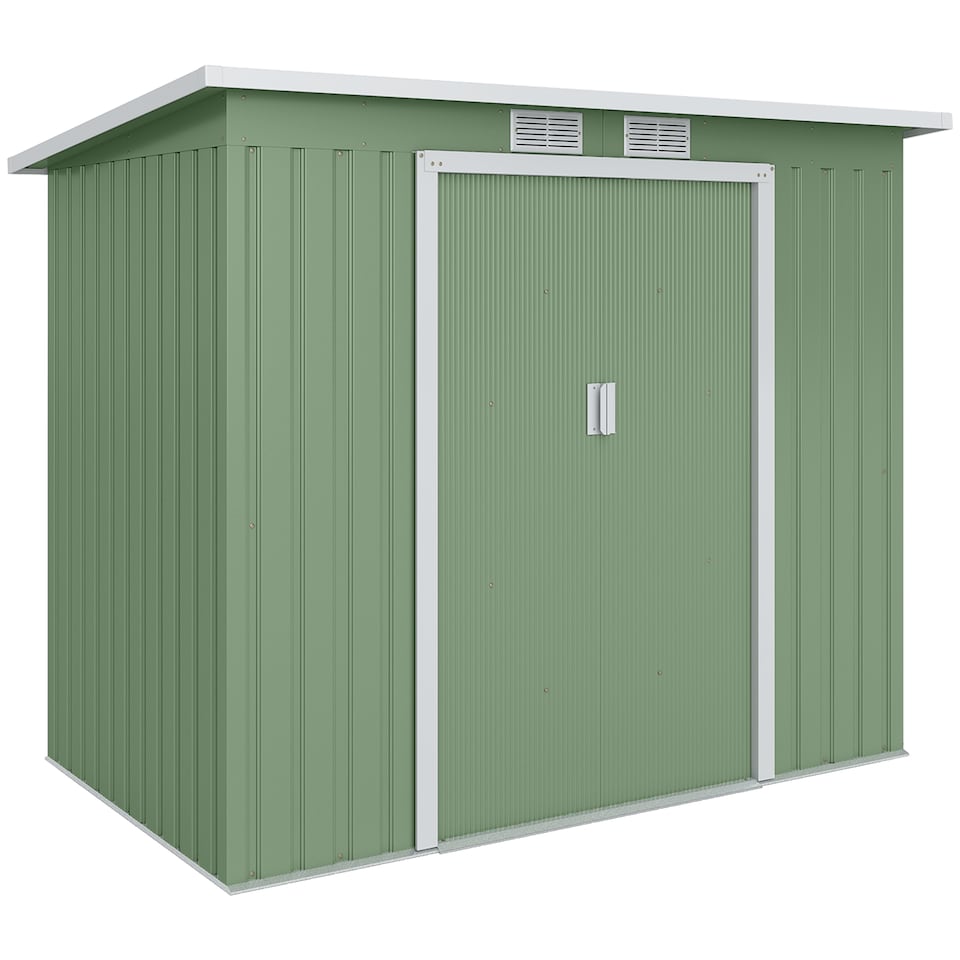 image 1 of Outsunny 7 x 4ft Lean to Garden Shed with Foundation Kit, Double Door and Vents, Outdoor Metal Storage Shed for Equipment Tools, Green