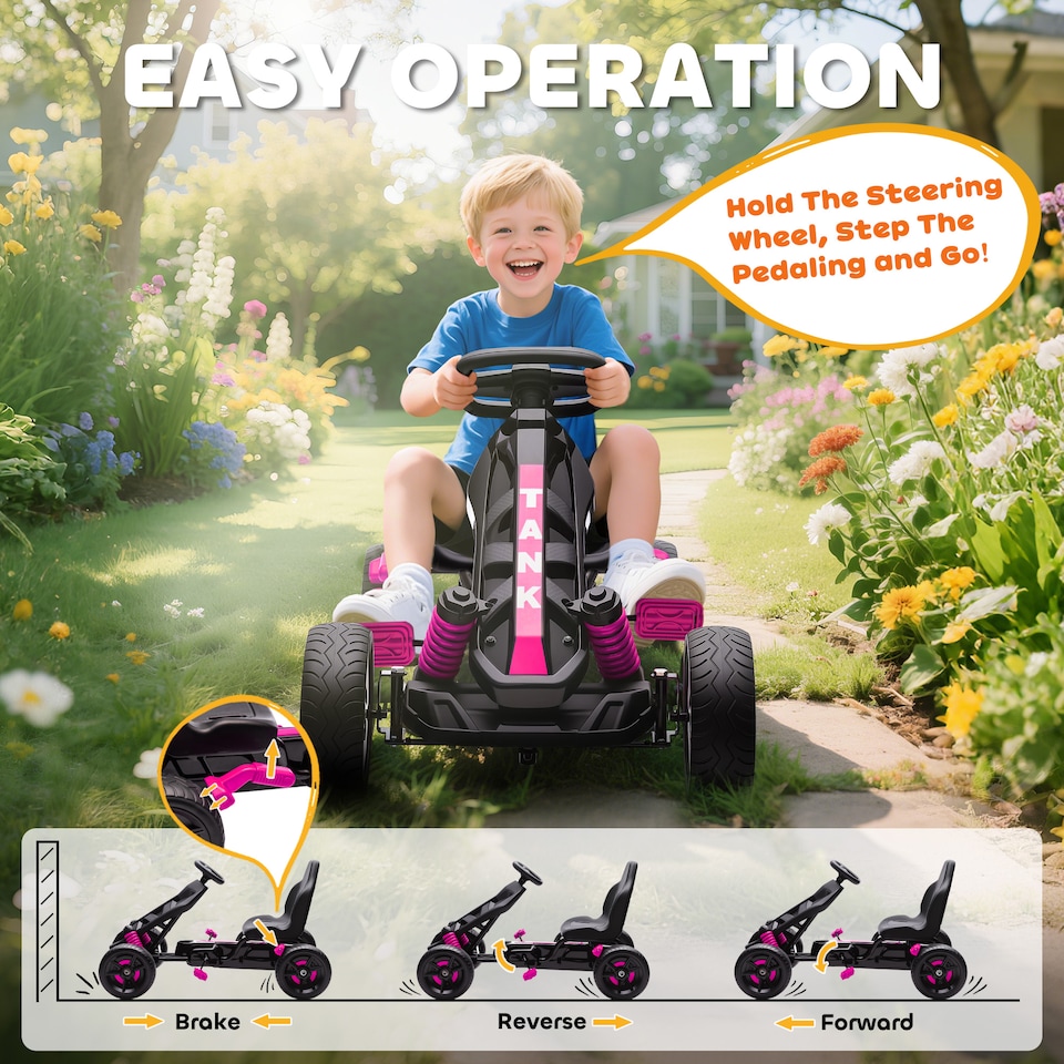 image 1 of AIYAPLAY Pedal Go Kart, Ride on Racer with Freewheel System, Brake, Non-Slip EVA Wheels, Metal Frame, Go Kart for Kids Ages 3-6 Years | Pink
