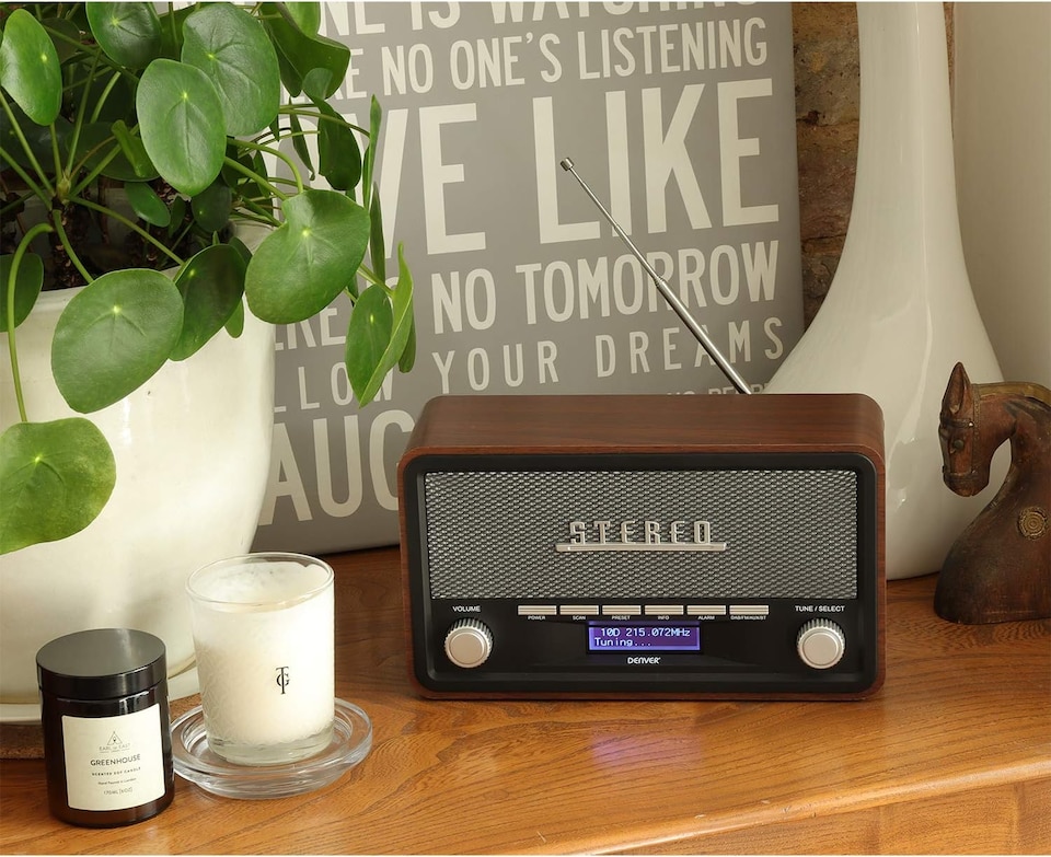 image 1 of Vintage Style Stereo DAB/DAB+ & FM Radio – Grey Wood Cabinet, Bluetooth, Clock Radio Alarm, AUX IN for Smart Phone/Tablet / MP3 Player – Mains or Battery