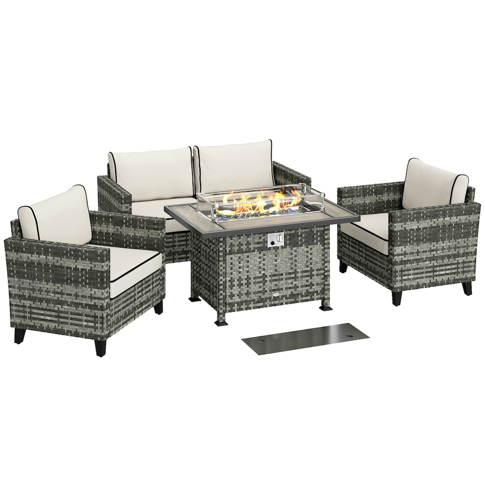 image 1 of Outsunny 5 PCs Rattan Garden Furniture Set with Gas Fire Pit Table, Brown