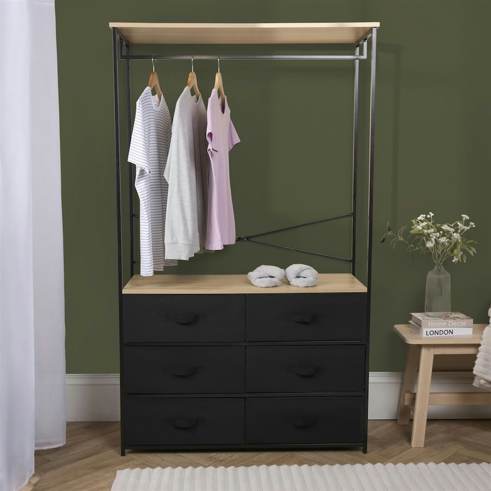 image 1 of OHS Brooklyn 6 Drawer Home Storage Fabric Display Cabinet With Hanging Rail Black
