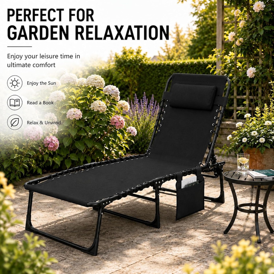 image 1 of Black Folding Sun Lounger with Adjustable Backrest - Portable Sunbed Chair, Steel Frame, Oxford Fabric, Garden Recliner Bed