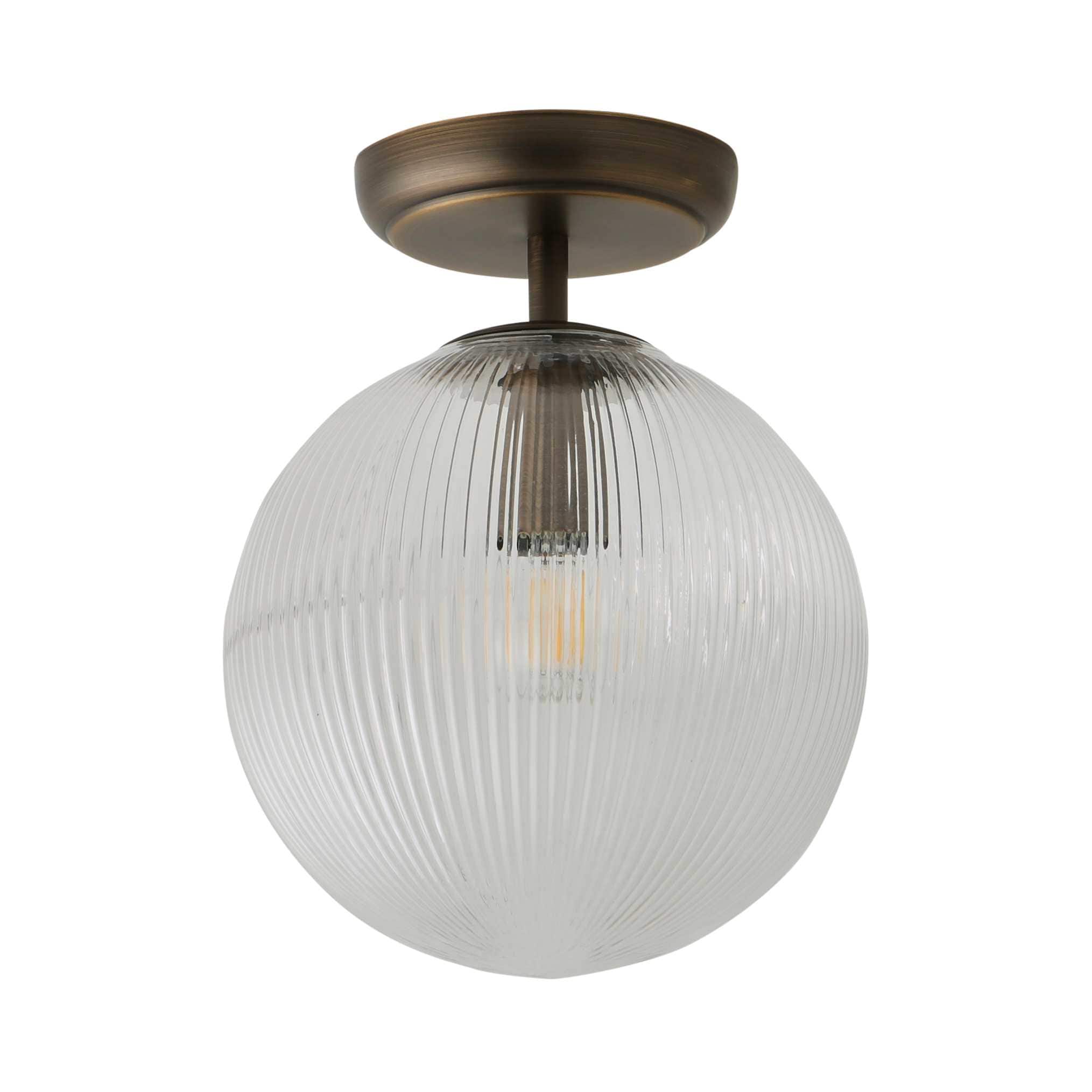 ValueLights Kempton Ribbed Glass Globe Shade Flush Ceiling Light with Bulb in Bronze