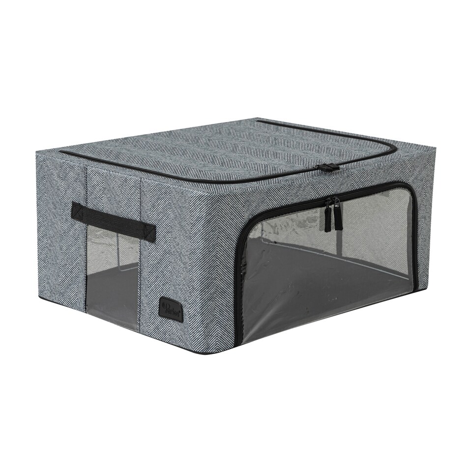 image 1 of Periea ‘Beau’ Folding Collapsible Stackable Fabric Home Storage Boxes with Steel Frames (Herringbone, Medium)