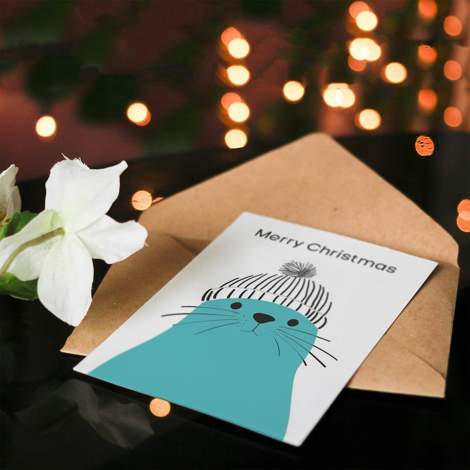 image 1 of Cute Blue Seal With Winter Hat Bright Modern Blank For Him Or Her Art Christmas Card