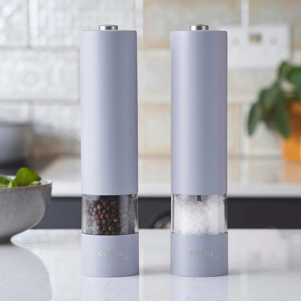 image 1 of Cooks Professional Electric Salt & Pepper Mill Set | Adjustable Grind Settings | Simple One-Button Operation | Matt Grey