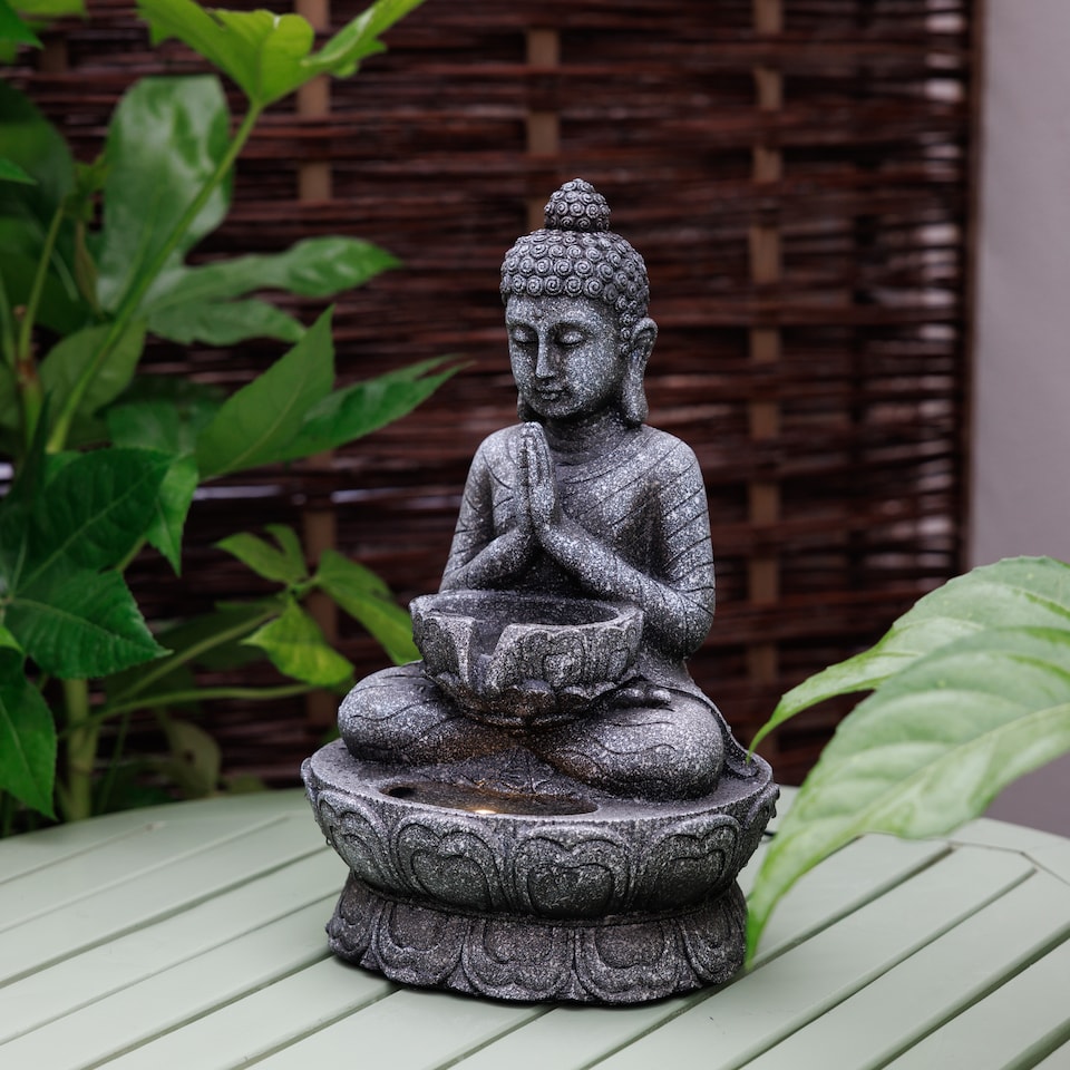 image 1 of Praying Buddha Tabletop Water Feature With LED Lights