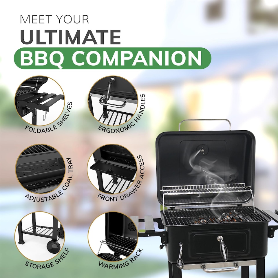 image 1 of House of Home BBQ Smoker Grill Folding Tables, Thermometer, Adjustable Charcoal Pan, Chimney