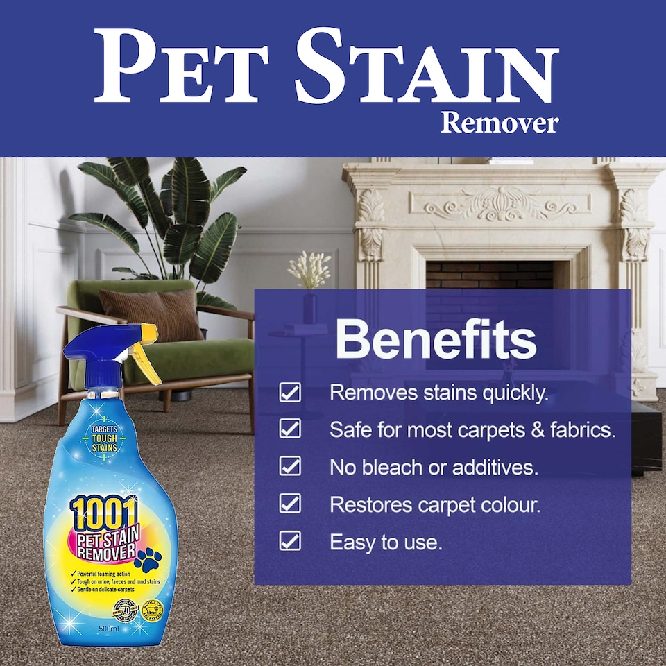 image 1 of 1001 Pet Stain Remover Spray 500ml Fast Acting Carpet and Upholstery Cleaner for Dog Cat Urine Vomit Faeces Mud Pet Stains