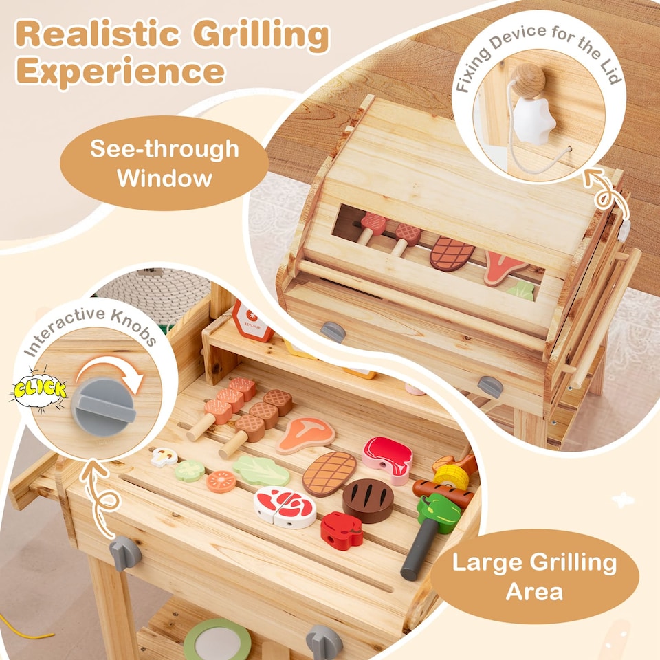 image 1 of COSTWAY Wooden Barbecue Grill Toy Set Kids BBQ Grill Playset With Play Food Natural