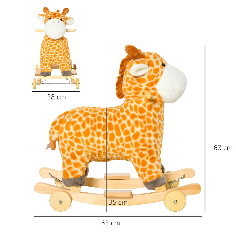 image 1 of HOMCOM 2 In 1 Kids Todder Rocking Horse Plush Ride On Giraffe Rocker with Wheels Wooden Base Animal Sounds for 3-6 Years