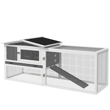 PawHut Rabbit Hutch, Bunny Cage with Run & Sliding Tray, Hay Rack, Grey
