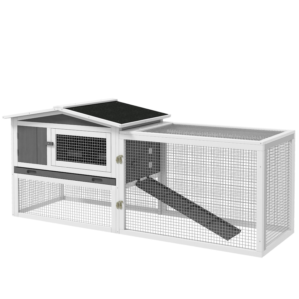 image 1 of PawHut Rabbit Hutch, Bunny Cage with Run & Sliding Tray, Hay Rack, Grey