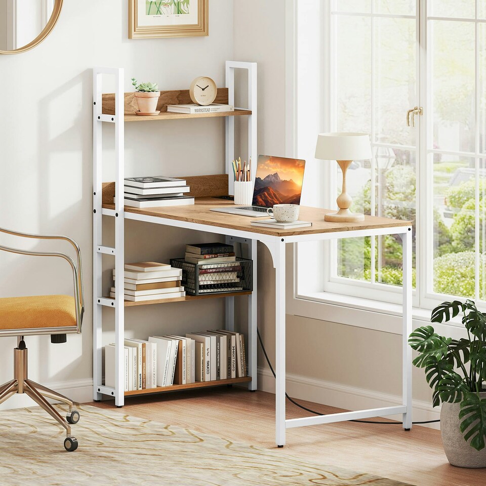 image 1 of COSTWAY Computer Desk Writing Desk with Power Strip Natural Brown