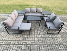 Fimous Aluminium Outdoor Garden Furniture Set 9 Seater Garden Sofa with Oblong Coffee Table Big Footstool 2 Side Tables Dark Grey
