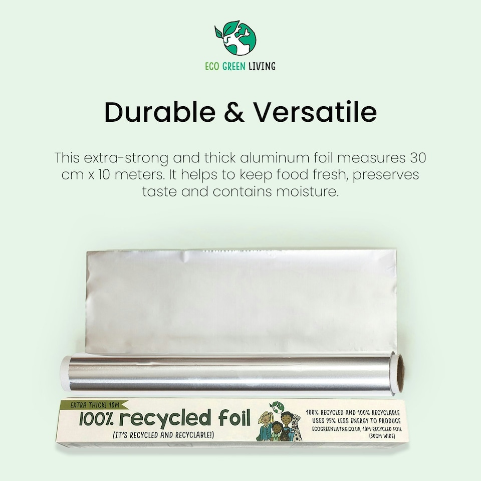 image 1 of Eco Green Living Recycled Aluminium Tin Foil, Strong Kitchen Foil Roll for Cooking, Grilling and Food Wrapping with Cutting Edge 4 Pack