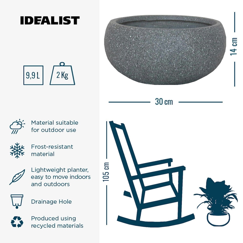 image 1 of Textured Concrete Effect Grey Bowl Outdoor Garden Planter D30 H14 cm, 9.9 ltrs Cap.