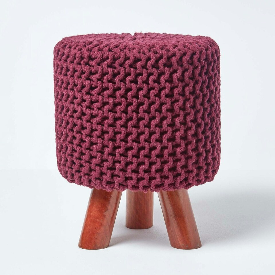 image 1 of Homescapes Plum Tall Cotton Knitted Footstool on Legs