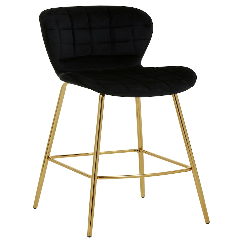 image 1 of Interiors by Premier Black Velvet Stool, Luxury Bar Stool, Modern Black Velvet Bar Chair with Quilted Design and Gold Legs