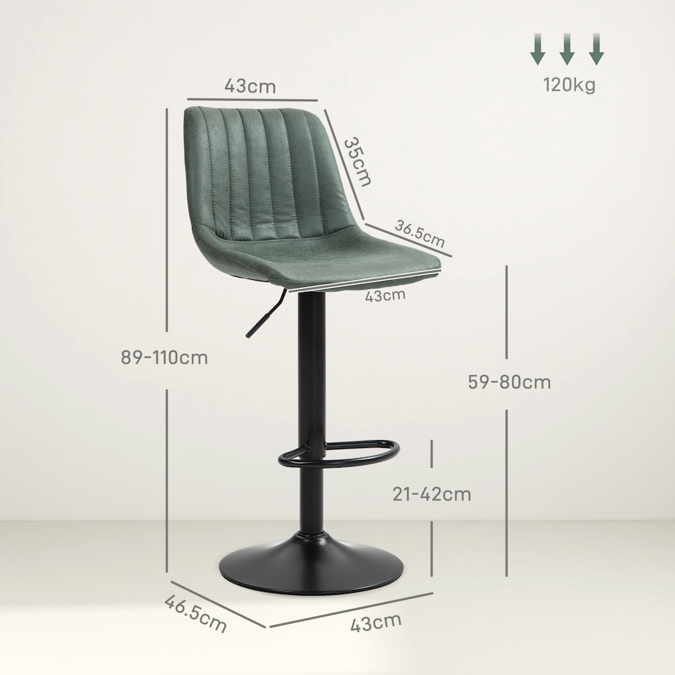image 1 of HOMCOM Bar Stools Set of 2 Adjustable Swivel Bar Chairs with Backrest Green