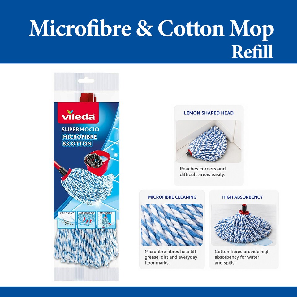 image 1 of Vileda Supermocio Microfiber Cotton Mop Refill Replacement Mop Heads for Corner Cleaning Machine Washable Pack of 2