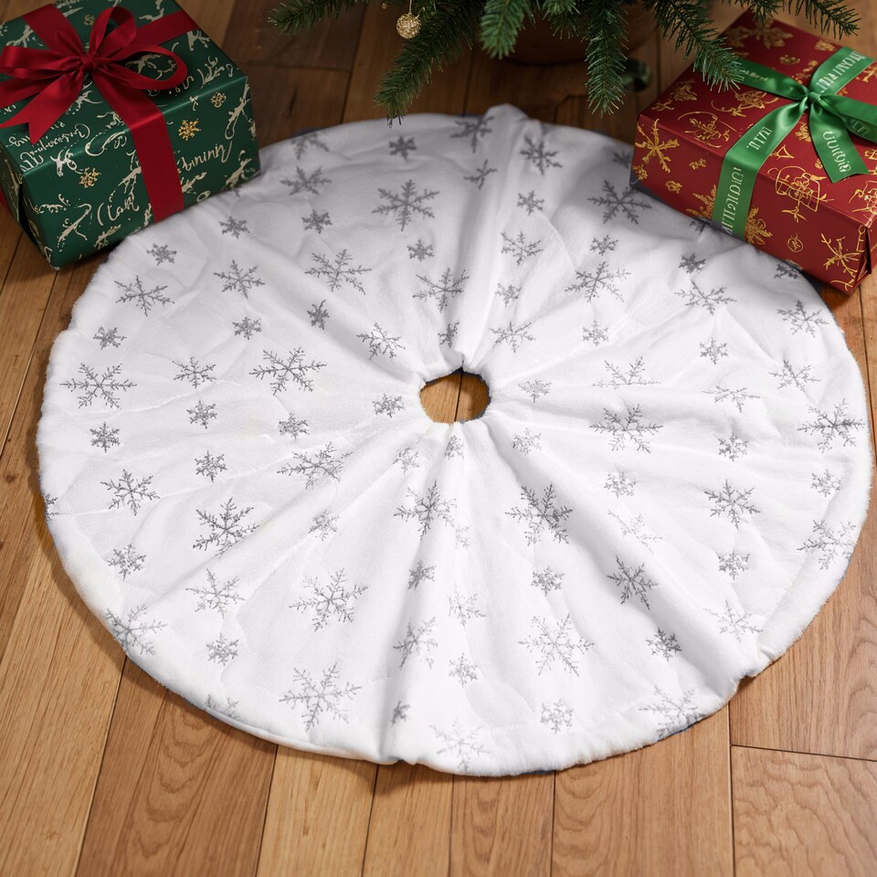 image 1 of 100cm White Velvet Christmas Tree Skirt with Silver Snowflake Pattern