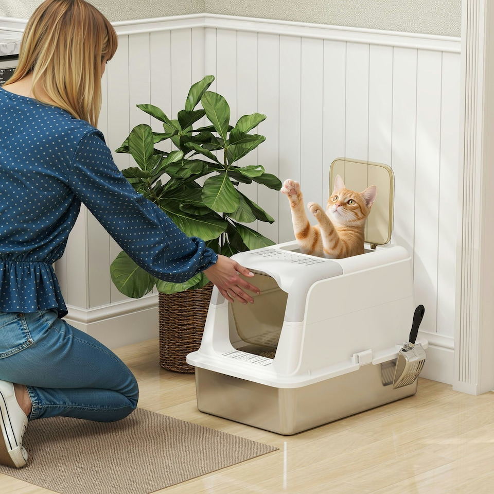 image 1 of PawHut Stainless Steel Litter Box, Enclosed Metal Litter Tray with Scoop White | One Size