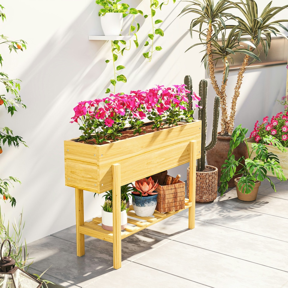 image 1 of Outsunny Wooden Raised Bed w/ Bed Liner, Storage Shelf Yellow