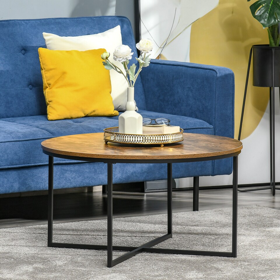 image 1 of HOMCOM Round Coffee Table, Industrial Side Table with Metal Frame, Large Coffee Tables for Living Room, Bedroom, Rustic Brown | Brown