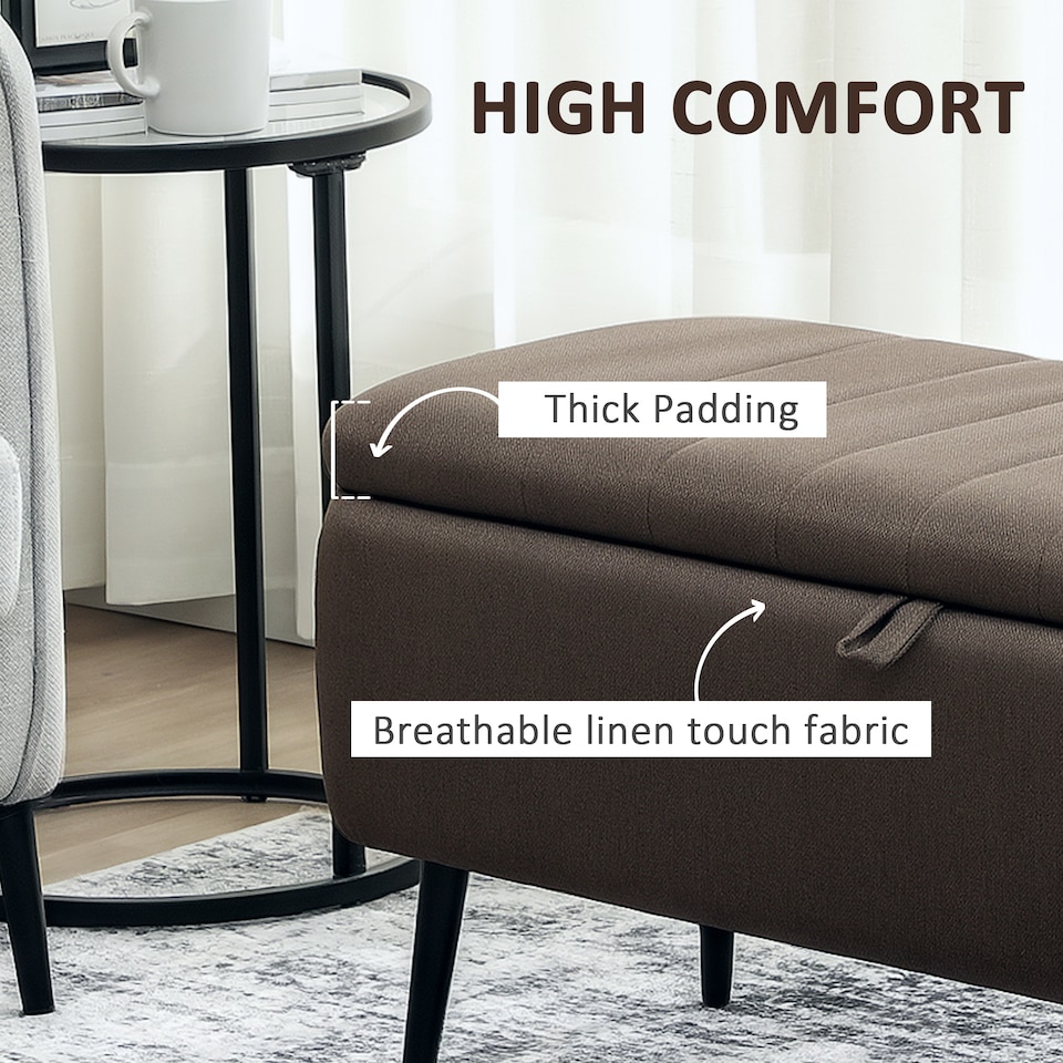 image 1 of HOMCOM Storage Ottoman Bench, Linen Fabric Footstool with Steel Legs Brown