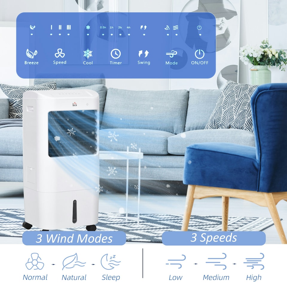 image 1 of HOMCOM Portable Air Cooler with Humidifier, Ice Packs, Oscillation, White