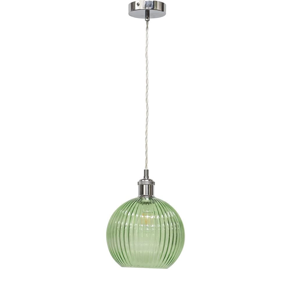 First Choice Lighting Betchley - Green Ribbed Glass Globe Chrome Retro Pendant Fitting