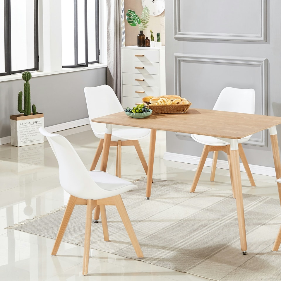 image 1 of 5PCs Dining Set - an Oak Halo Dining Table & Set of 4 Lorenzo Tulip Chairs with Padded Seat | White