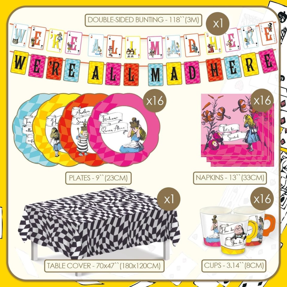 image 1 of Talking Tables Alice Wonderland Party Tableware Pack - Bright - 16 Pack