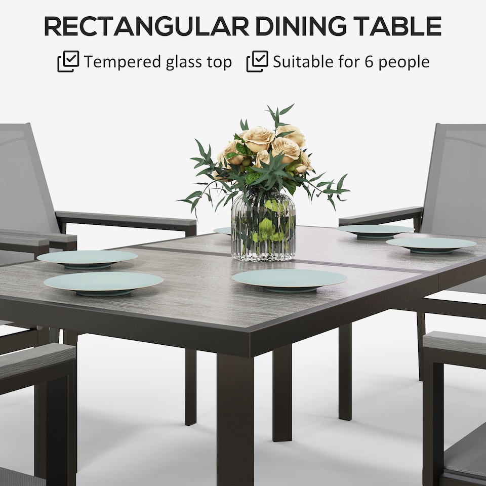 image 1 of Outsunny 7 Pieces Garden Dining Set with Glass Top Dining Table, Outdoor Patio Table and 6 Armchairs with Texteline Fabric Seats and Backrest, Wood-plastic Composite Armrests Top, Grey