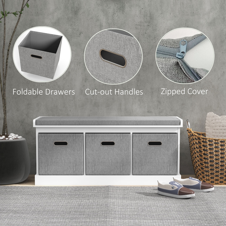 image 1 of HOMCOM Shoe Bench with 3 Fabric Baskets, Shoe Storage Bench with Seat Cushion, Shoe Cabinet for Entryway, Hallway, Living Room, Bedroom, White | White | White