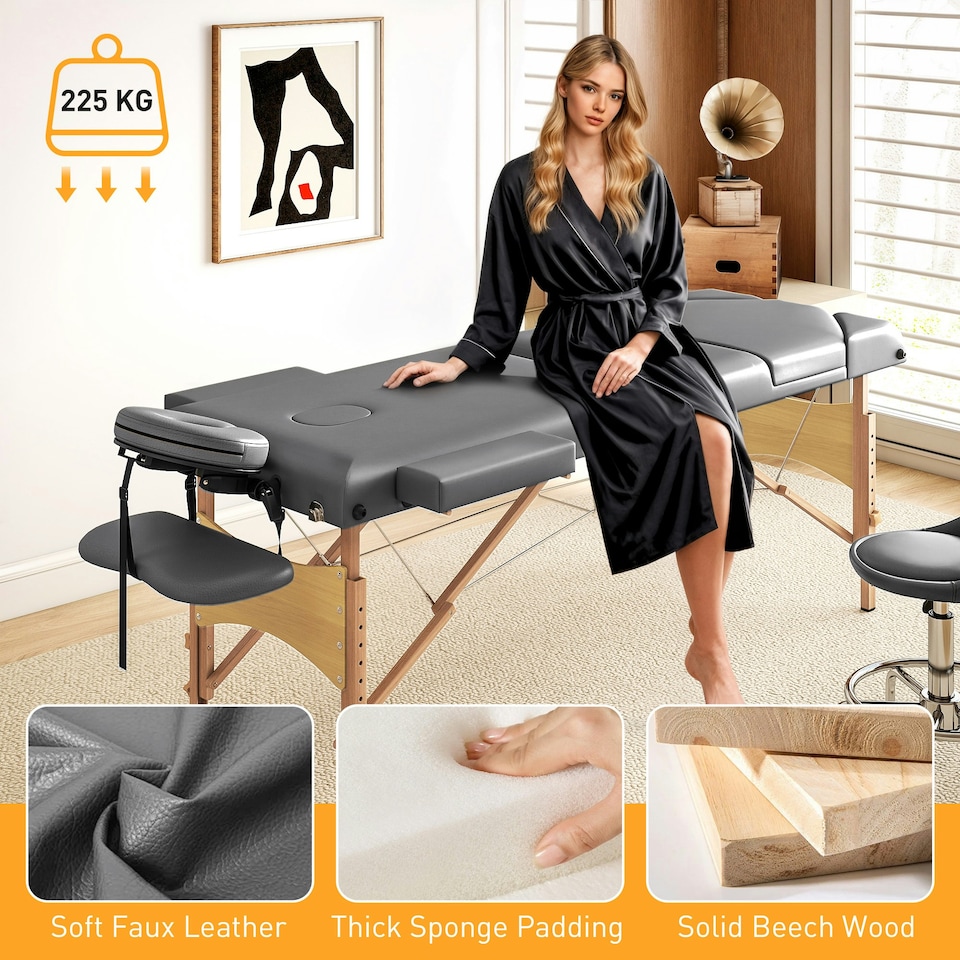 image 1 of HOMCOM Foldable Massage Bed with Beech Wood Legs Face Cradle Armrests Grey Grey