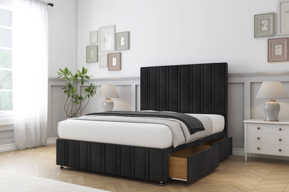 image 1 of Sloomy Langston Black Naples Divan Bed With Mattress 2 Drawers Left Side With 54" Floor Standing Headboard & 12" Matching Footboard 5' King | Black | Black | King | 1