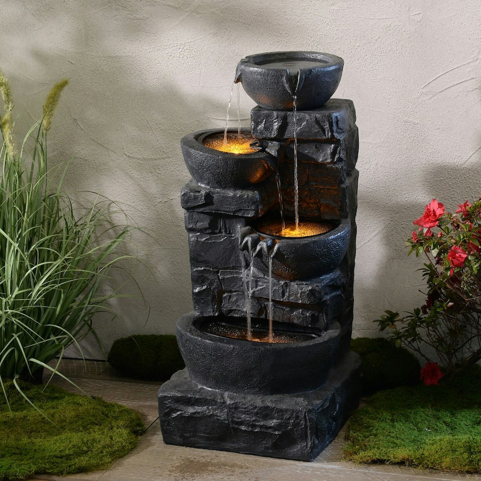 image 1 of Teamson Home Garden Outdoor Water Feature, 4 Tier Cascading Bowl Water Fountain, With Warm LED Lights, Dark Grey