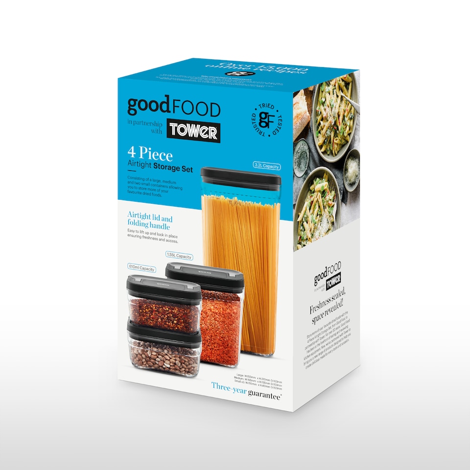 image 1 of GF847080 Good Food in partnership with Tower 4 Piece Food Storage Set, Stackable Design, 1x Large, 1x Medium, 2 x Small, Transparent