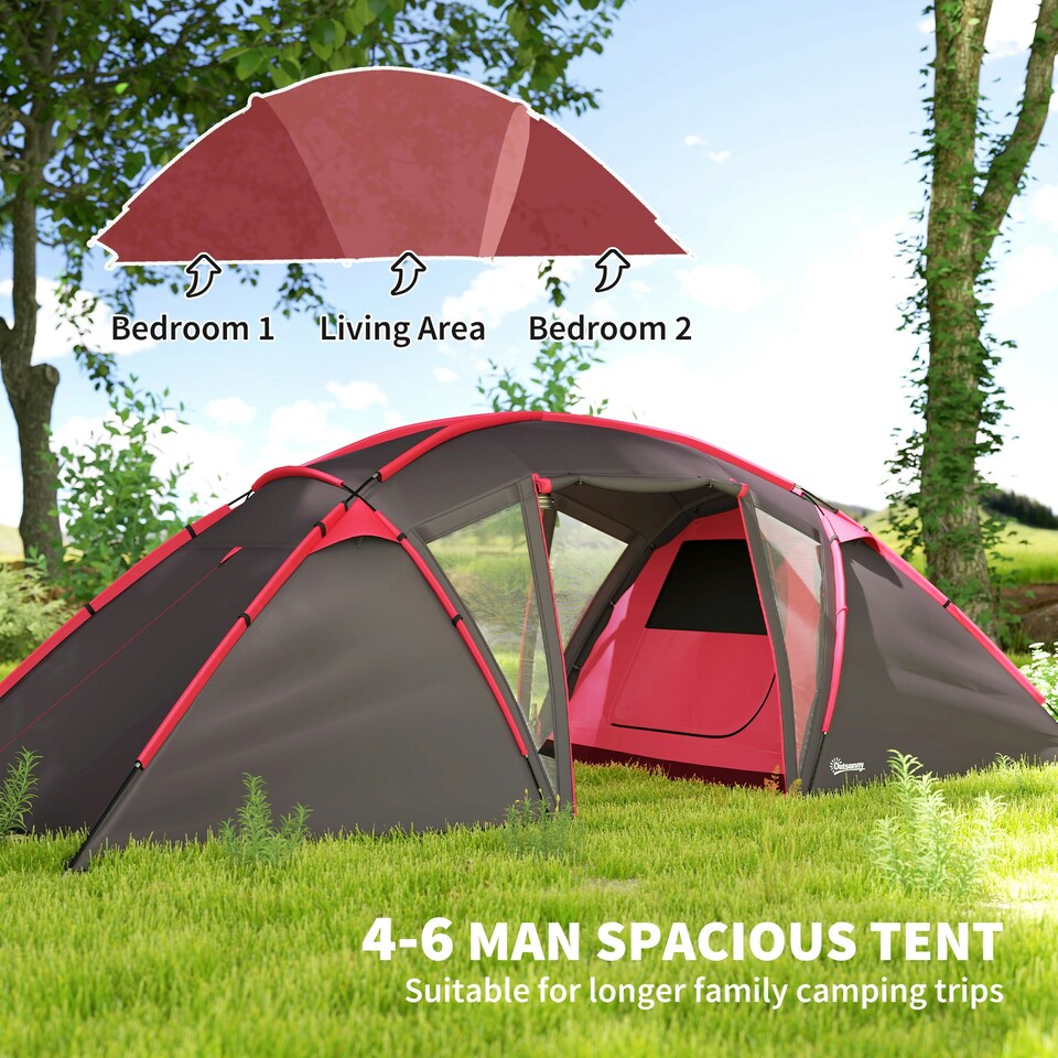 image 1 of Outsunny 4-6 Man Family Camping Tent w/ 2 Bedrooms, a Living Room | Grey | Grey