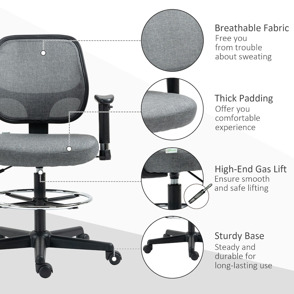 image 1 of Vinsetto Drafting Chair Tall Office Stand Desk Chair with Foot Ring, Arm, Wheel