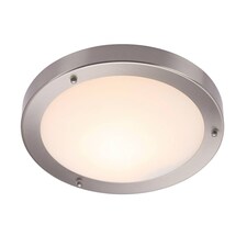 Portico Bathroom Flush Ceiling Light Frosted Glass, Satin Nickel IP44, E27