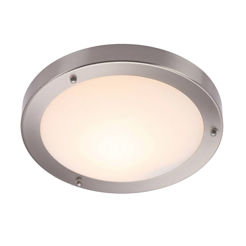 image 1 of Portico Bathroom Flush Ceiling Light Frosted Glass, Satin Nickel IP44, E27