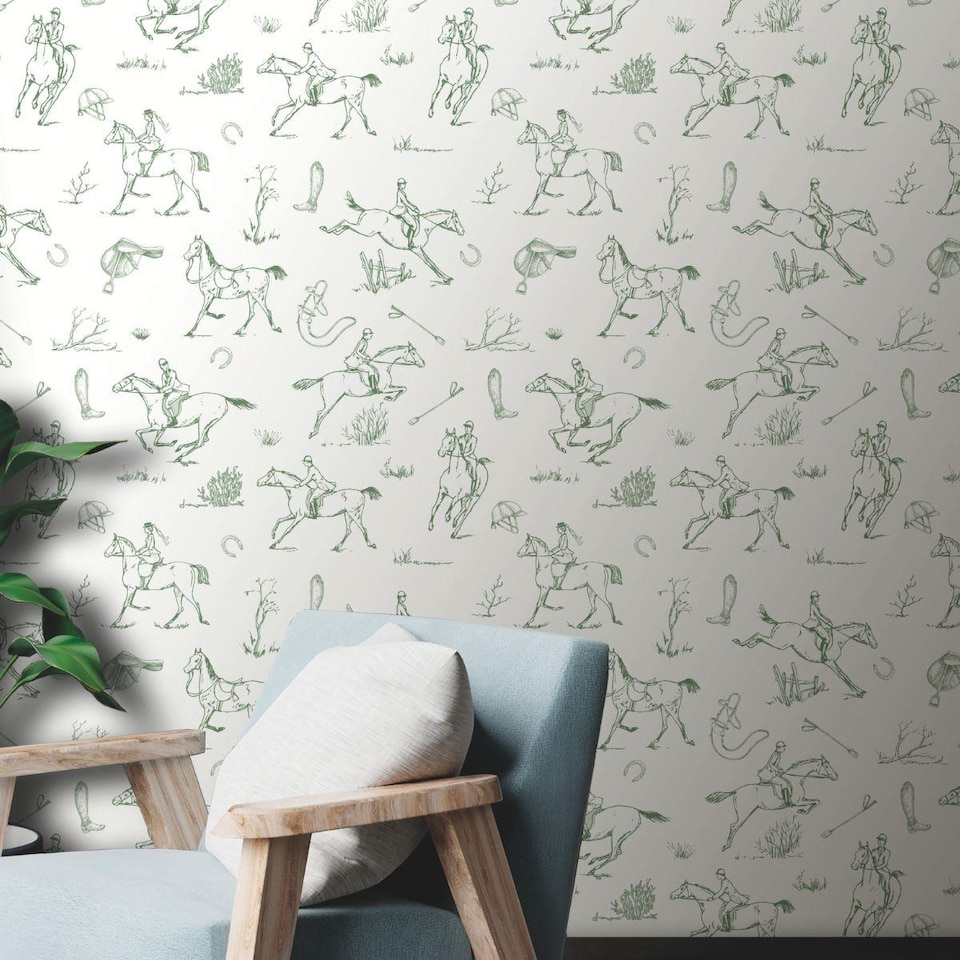 image 1 of Equestrian Wallpaper Horse Riding White Green Country Traditional Feature Wall