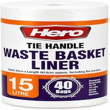 Hero 15L White Tie Handle Bin Liners - Pack of 40 Small Waste Basket Bags for Bathroom, Bedroom, Office & Utility Bins